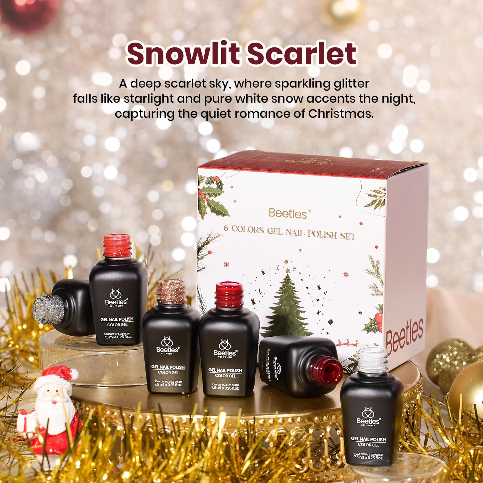 Beetles Glitter Red polish bottle with glitter particles for bold holiday nails.