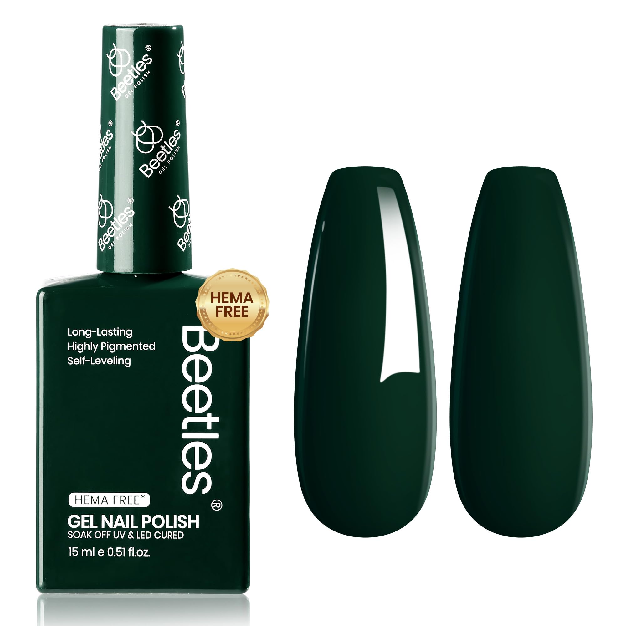 Beetles Green Gel Nail Polish manicure under lighting.