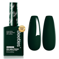 Beetles Green Gel Nail Polish manicure under lighting.