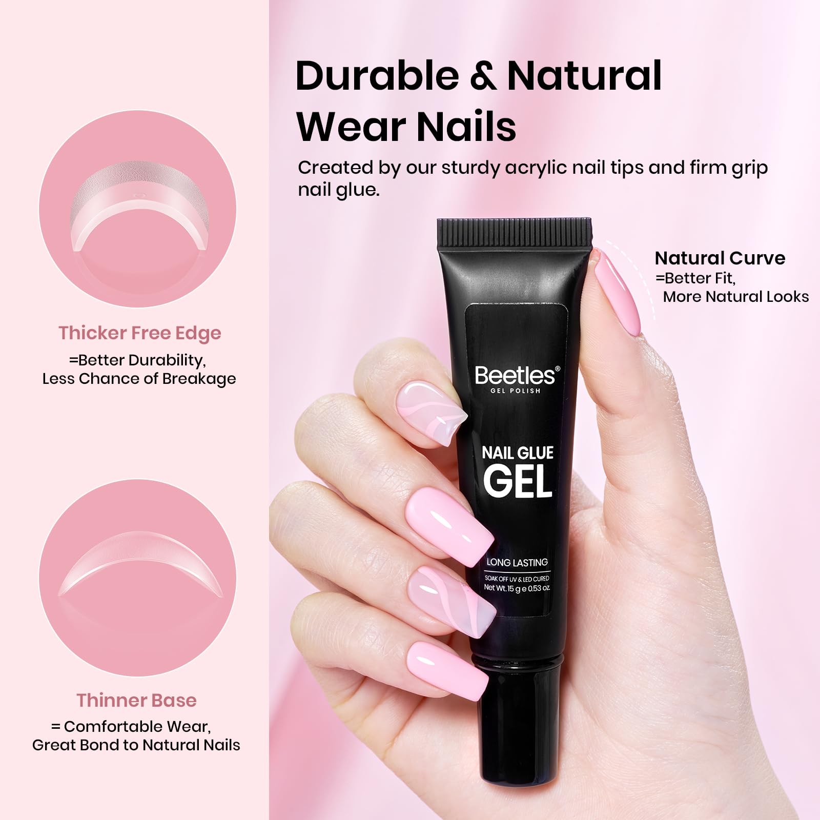 Beetles half-matte square tips enhance adhesion and natural appearance.