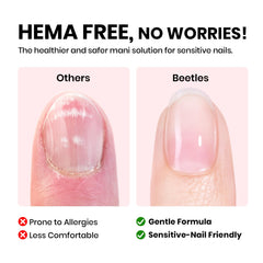 Beetles HEMA Free Base Coat brushing onto nails for strong adhesion.