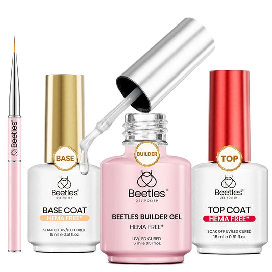 Beetles HEMA Free Builder Gel application on nails for a smooth look.