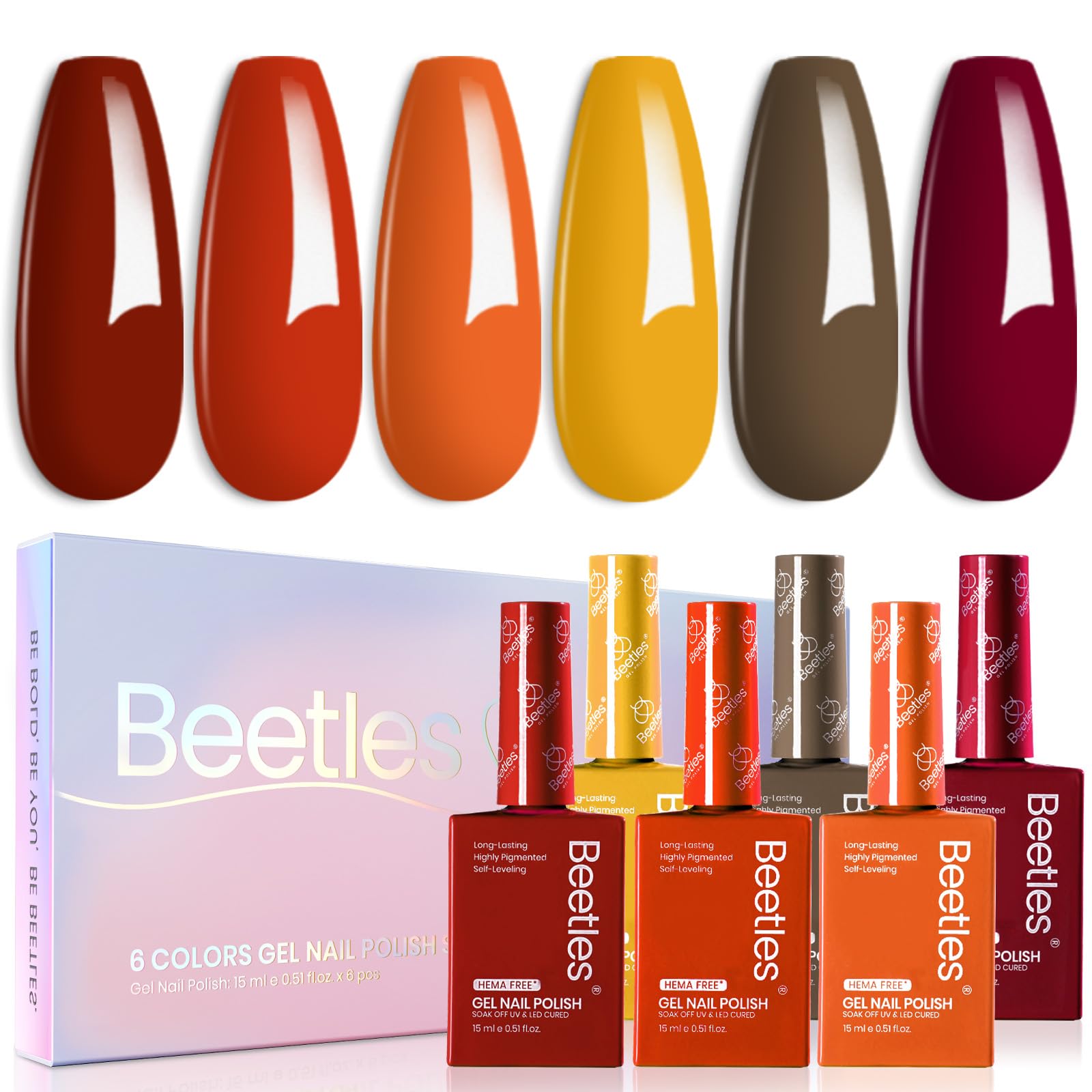 Beetles gel polish set bottle swatches showcase Autumn Dusk colors for easy color matching.