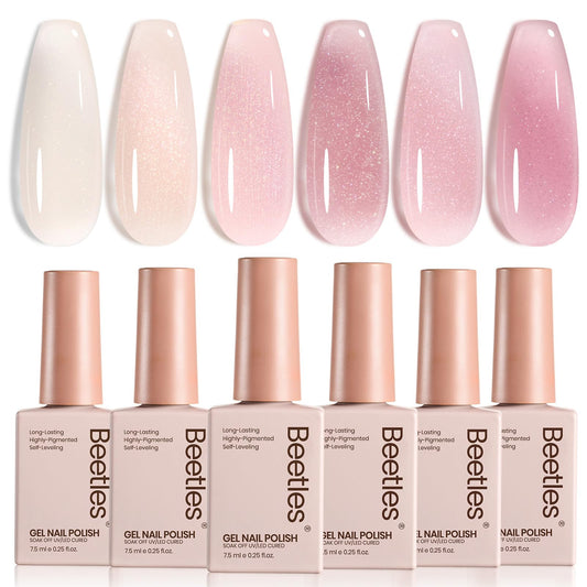 Beetles jelly gel nail polish set in six colors for nude pink purple glitter looks