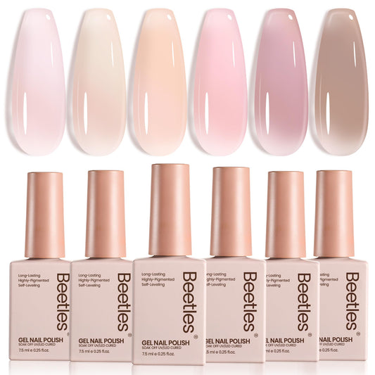 Beetles Jelly Gel Nail Polish Set swatches show six neutral colors for versatile looks