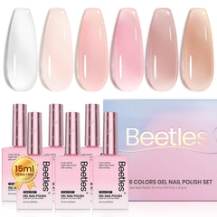 Beetles Jelly Gel Nude Pink bottle swatch shows glassy translucent finish.