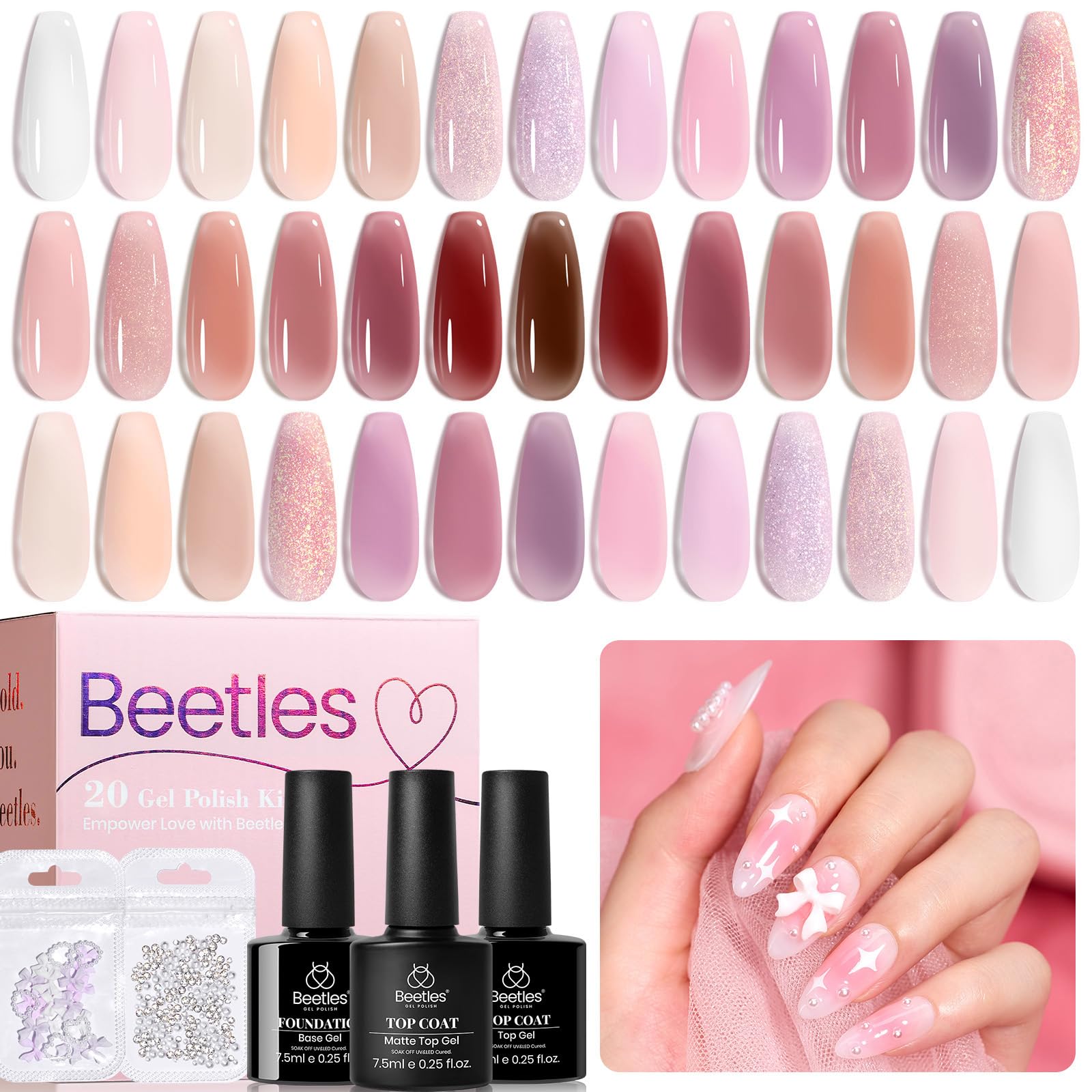 Beetles Jelly Gel Nail Polish Set swatches show 20 colors for versatile looks