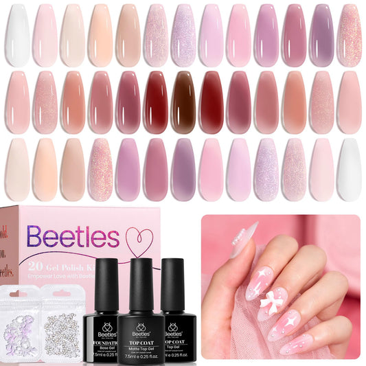 Beetles Jelly Gel Nail Polish Set swatches show 20 colors for versatile looks