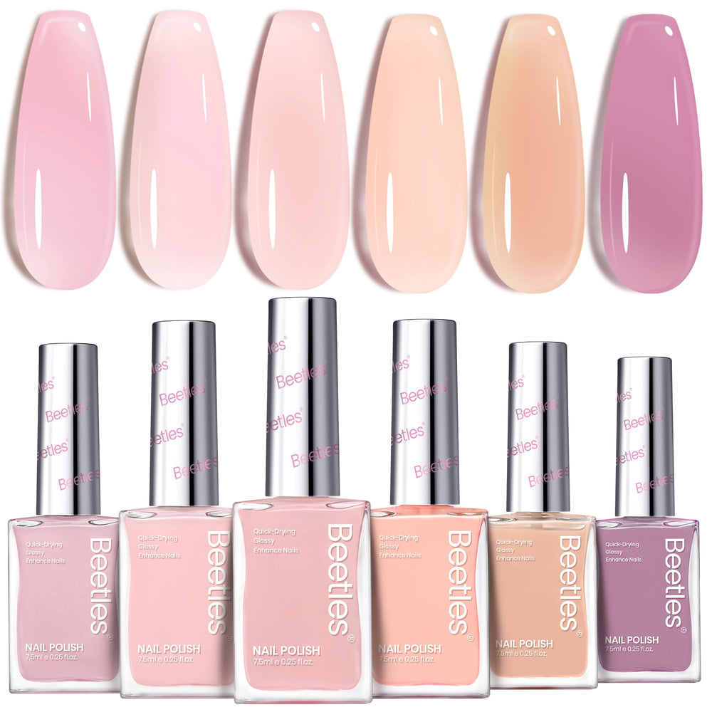 Beetles Jelly Nail Polish set swatches in pink, nude, and purple.