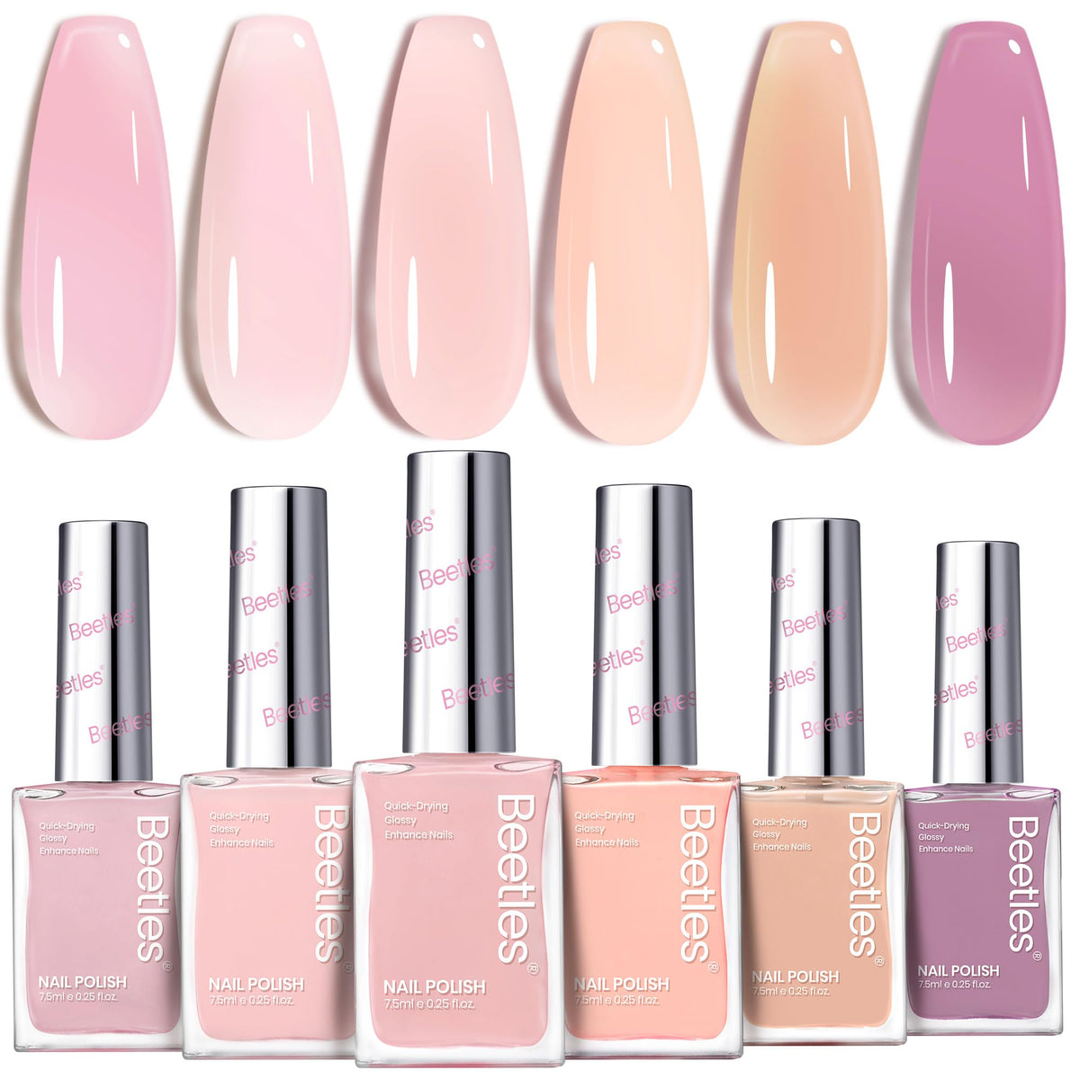 Beetles Jelly Nail Polish set swatches in pink, nude, and purple.