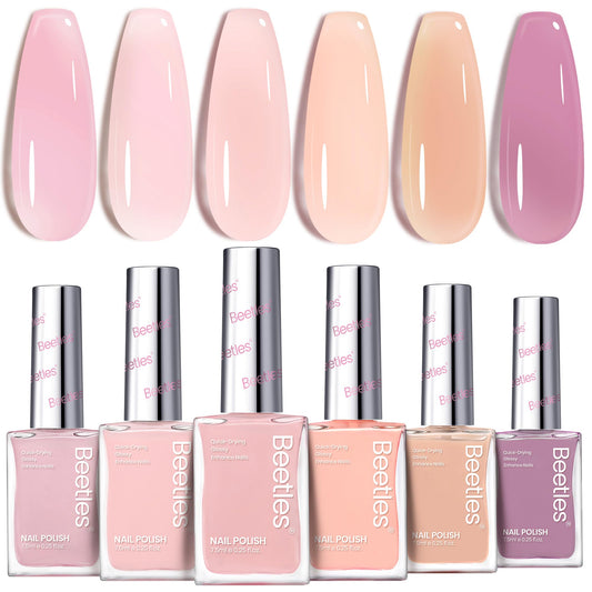 Beetles Jelly Nail Polish set swatches in pink, nude, and purple.