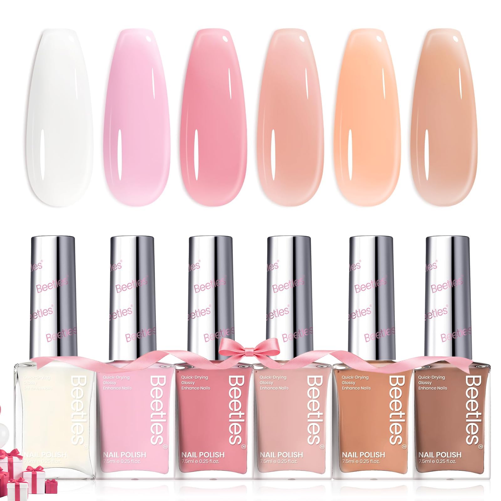 Beetles Jelly Nail Polish soft pink swatch demonstrates quick-dry, long-wear color.