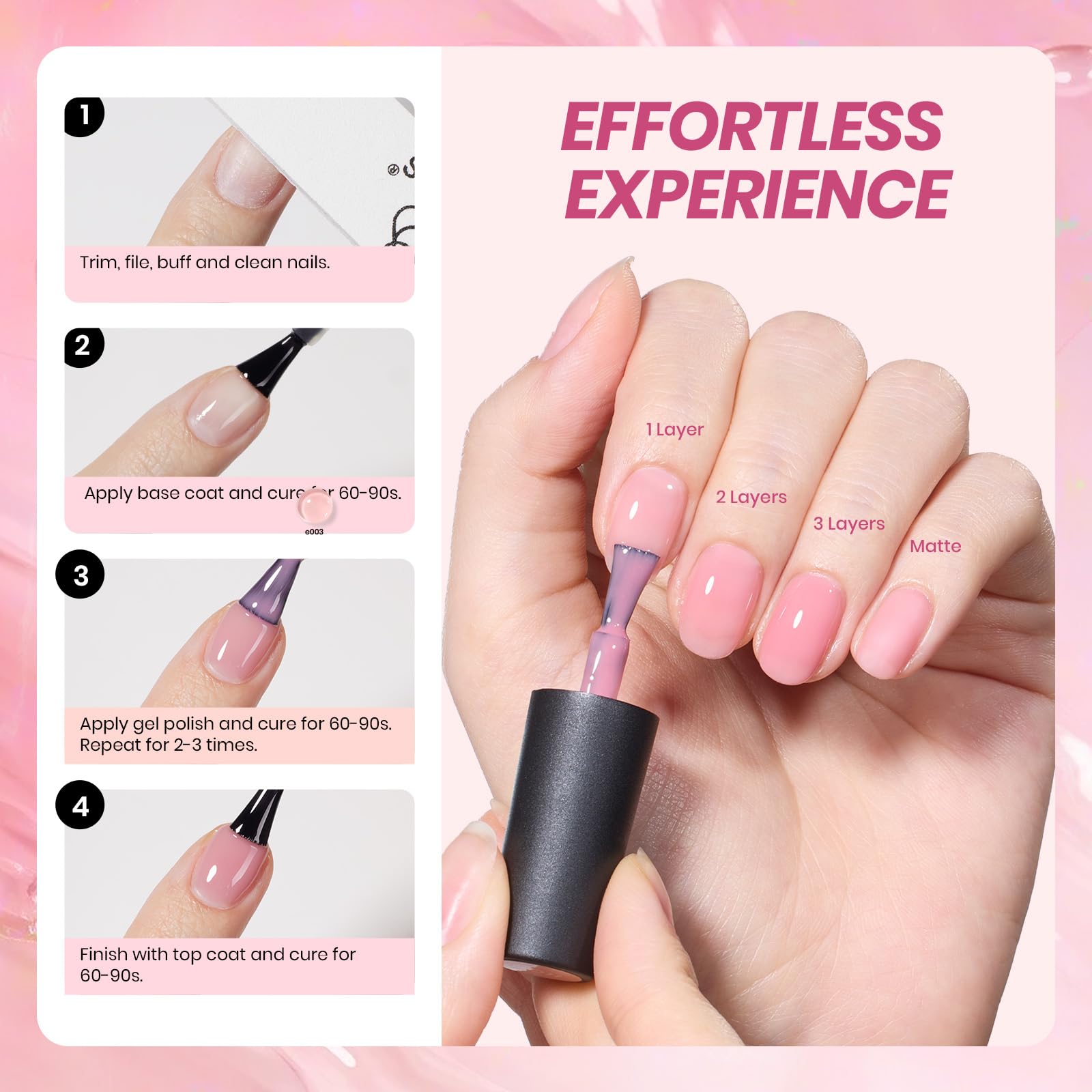 Beetles jelly nude colors show sheer layers for translucent-to-opaque effects.