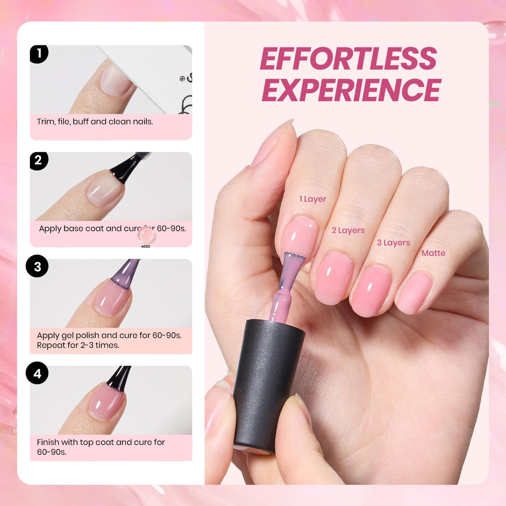 Beetles jelly nude colors show sheer layers for translucent-to-opaque effects.