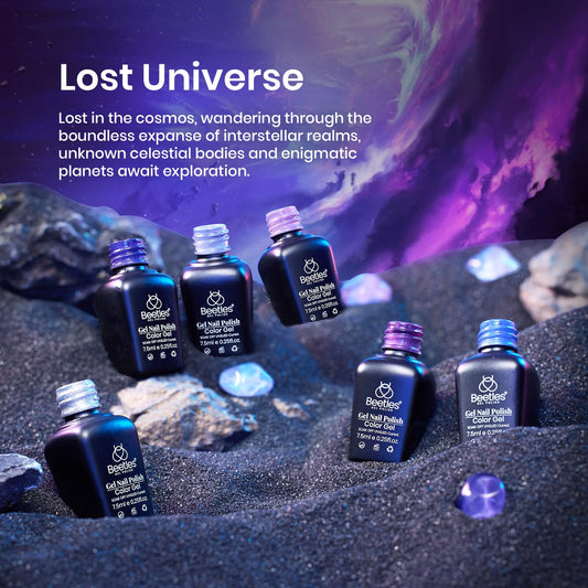 Beetles Lost Universe light blue gel polish bottle ready for application