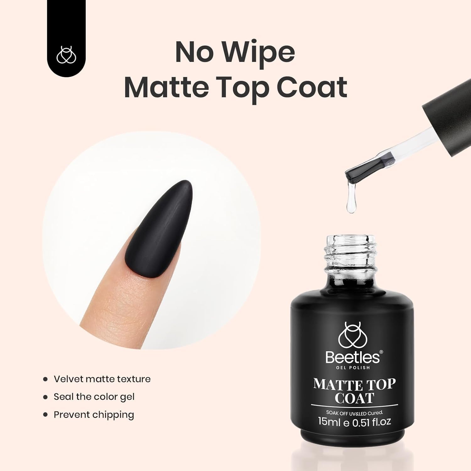Beetles Matte Top Coat 15ml bottle for a velvety matte finish.