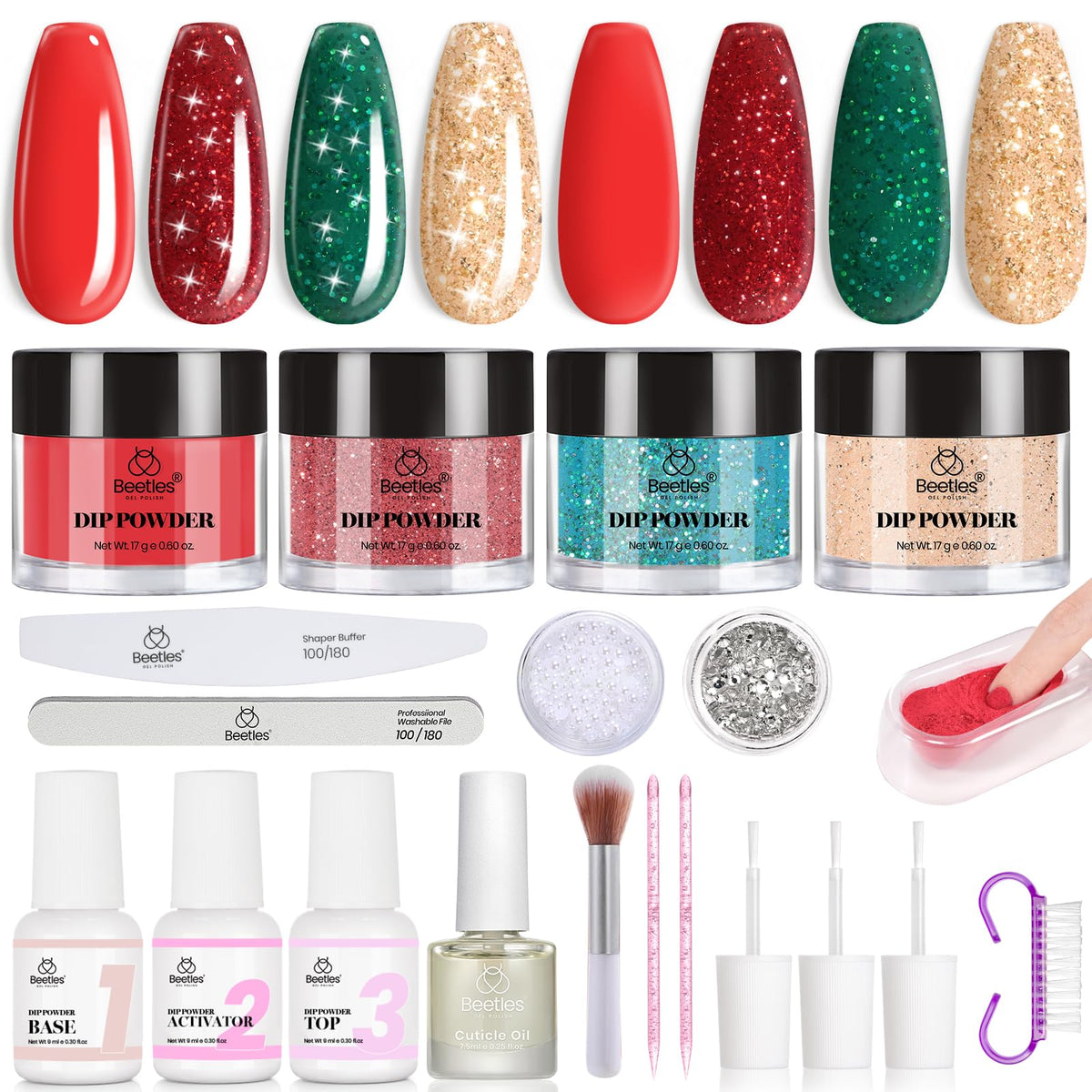 Beetles Merry Sparkle red dip powder for festive nails and long-lasting color.