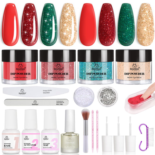 Beetles Merry Sparkle red dip powder for festive nails and long-lasting color.