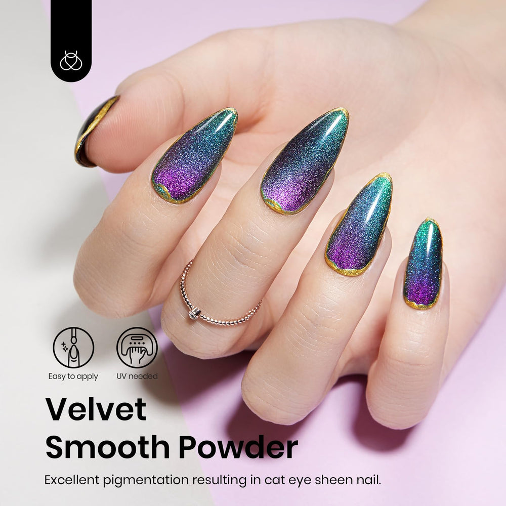 Beetles chrome powder adds a luminous metallic glow