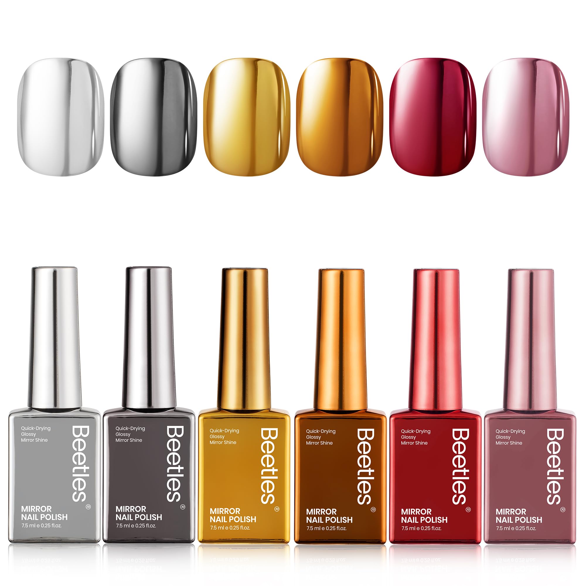 Beetles Mirror Nail Polish Set front bottle shows silver chrome shine for bold nails.
