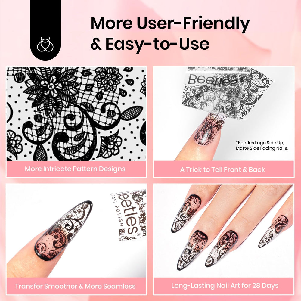Beetles foil design examples on nails showcase dramatic effect.