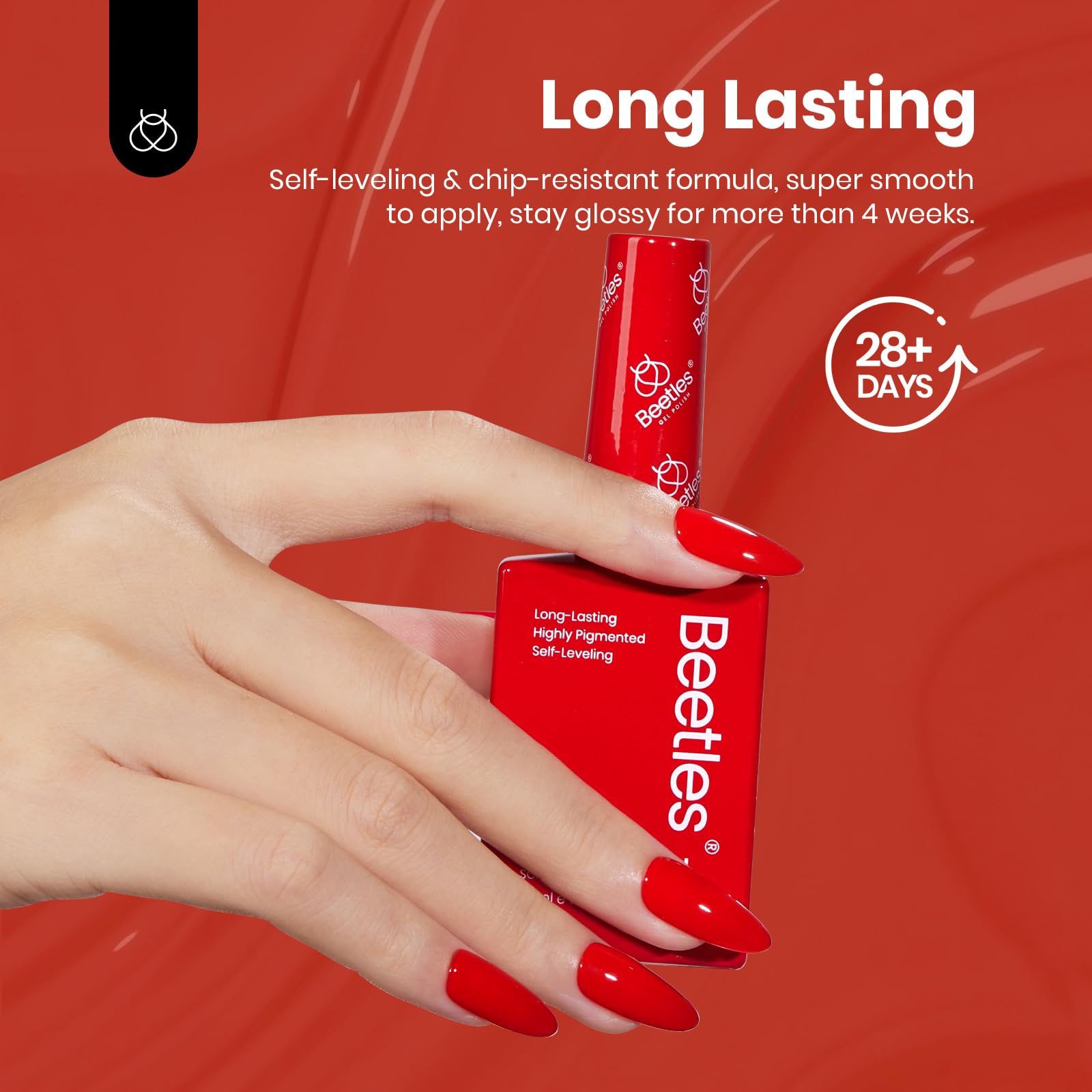 Beetles manicure scene featuring red and pink gel polishes on nails.
