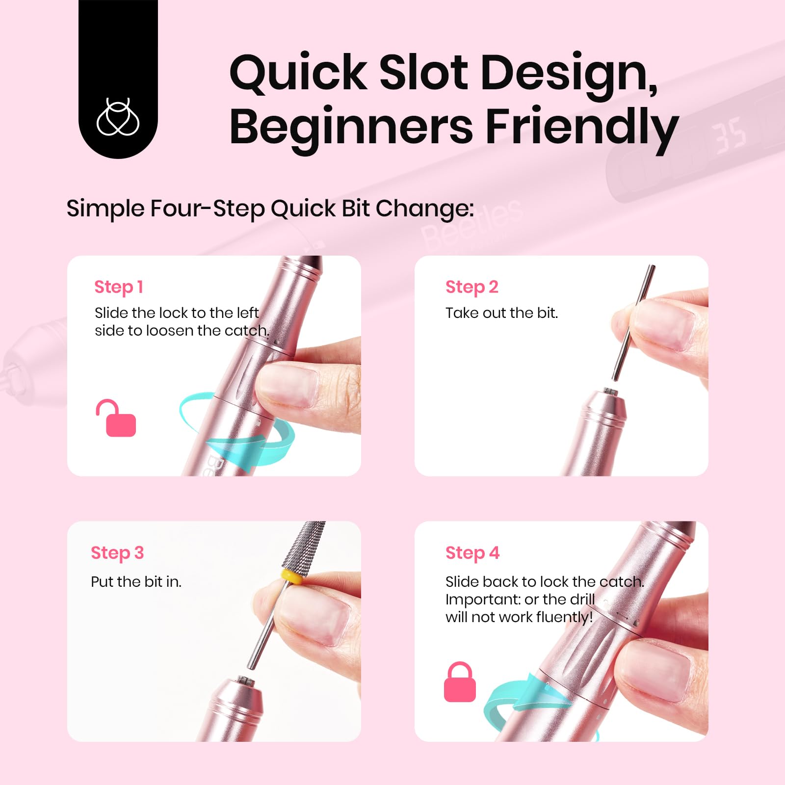 Beetles 5-in-1 bit set with various heads for gel removal and cuticle care.