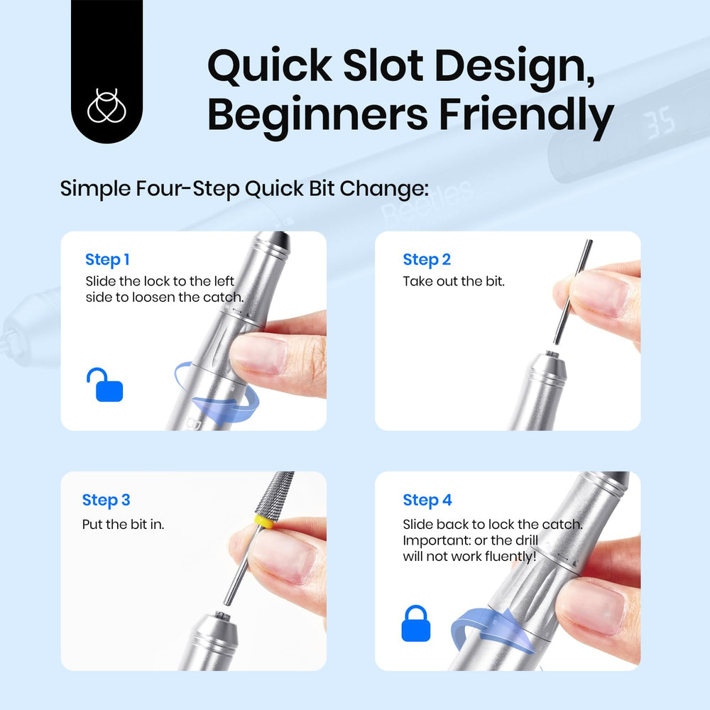 Beetles Nail Drill in forward/reverse mode offers versatile shaping options.