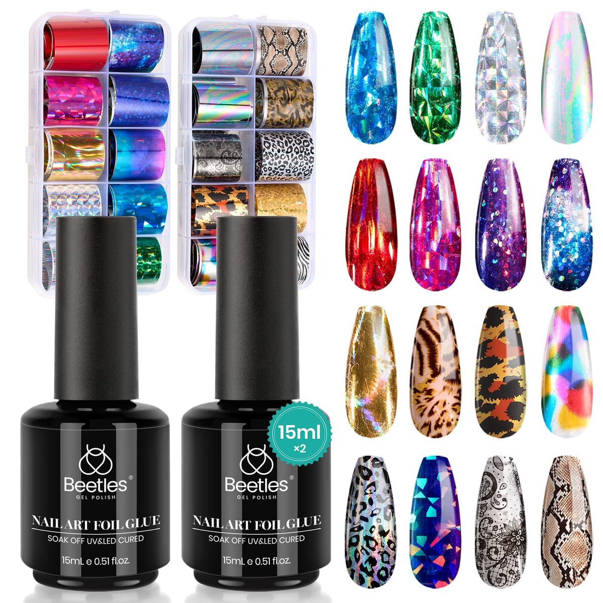 Beetles Nail Foil Art Kit with 20 foils for quick at-home nail designs.