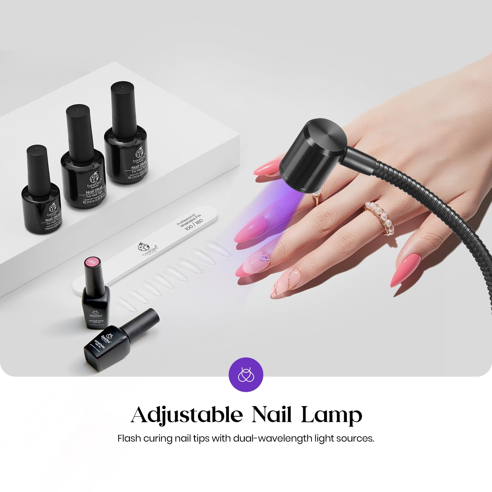 Beetles nail lamp highlights 395nm gooseneck for quick, even curing.