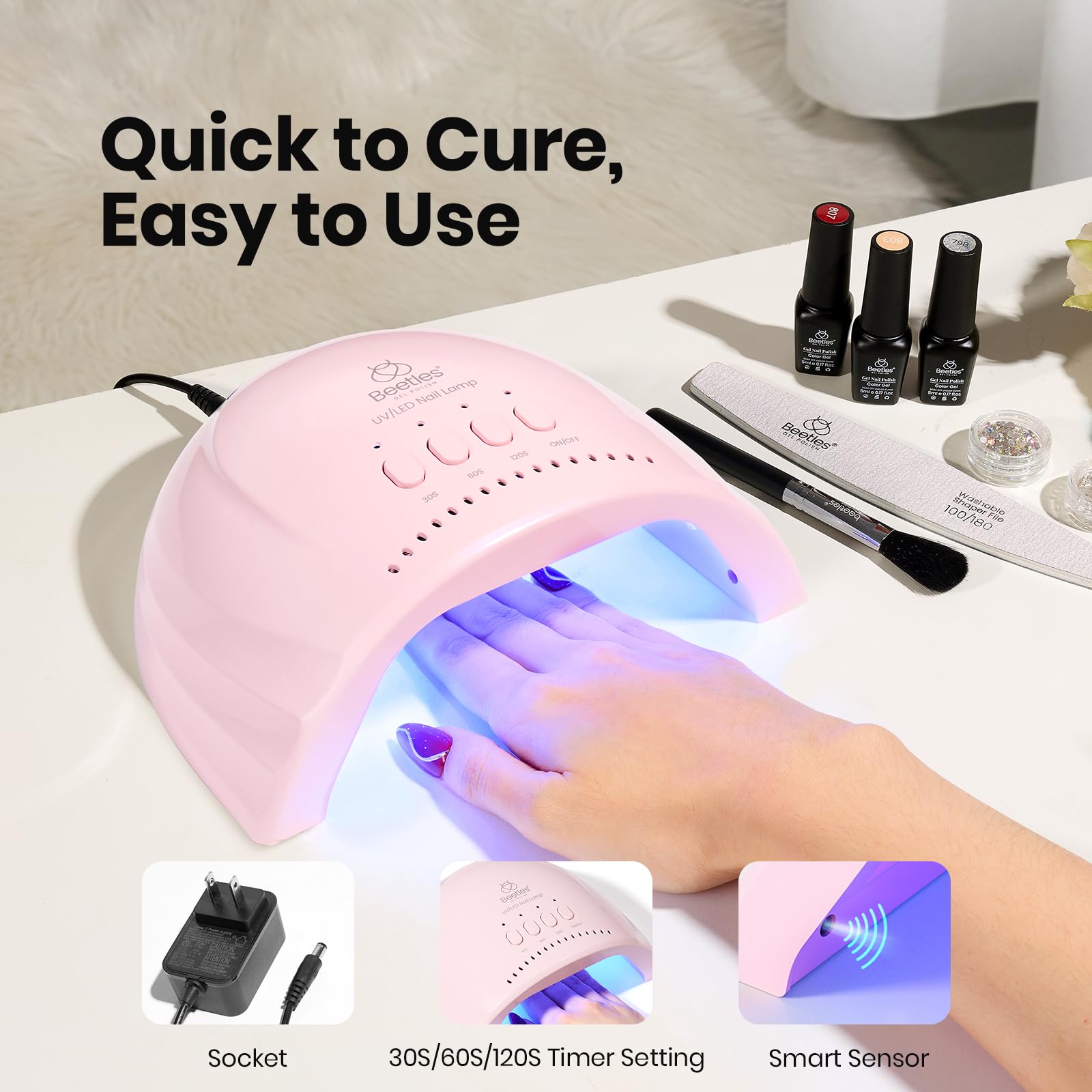 Beetles nail lamp inside space demonstrates roomy design for hands and feet.