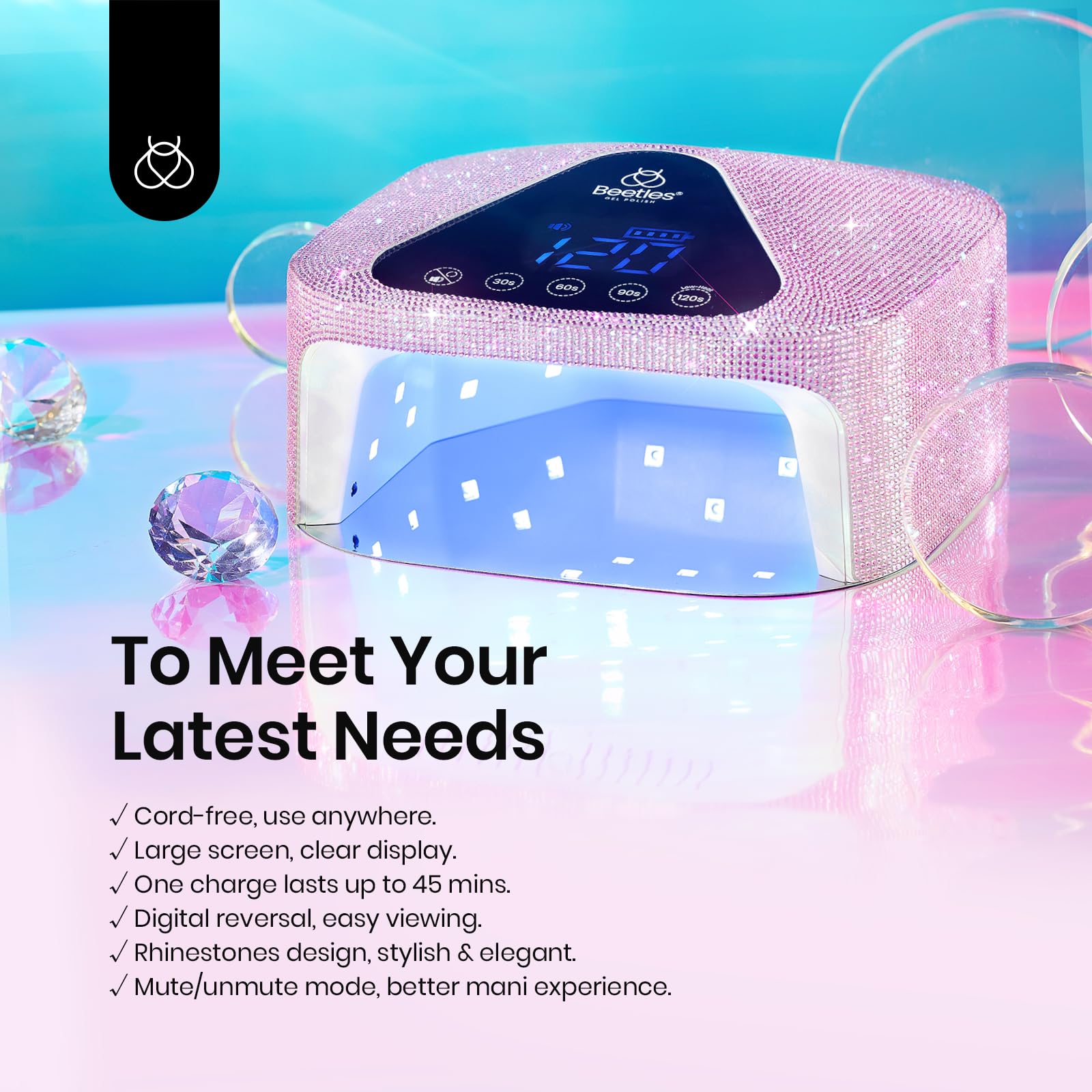 Beetles nail lamp featuring rhinestone design for stylish use
