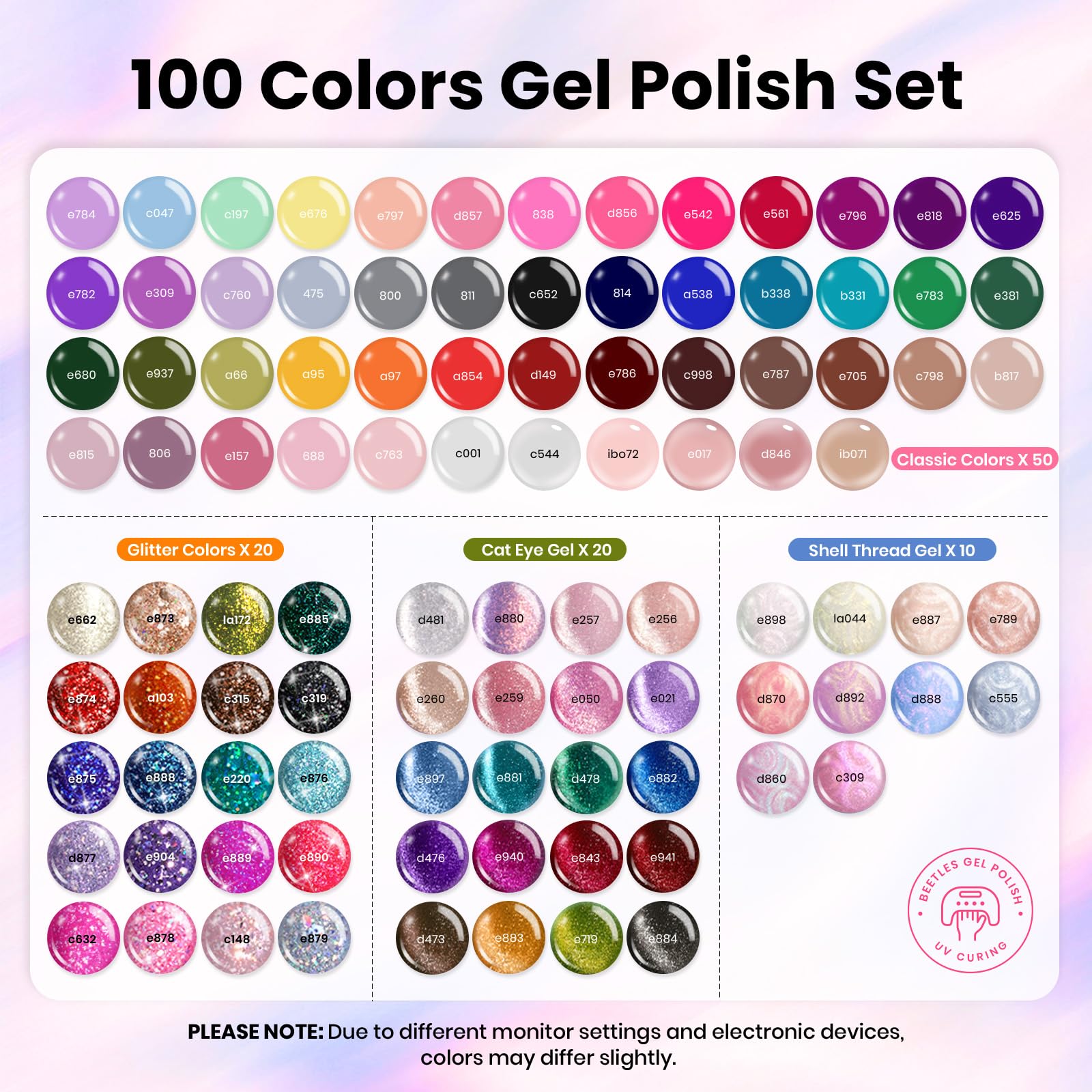 Beetles Nail Nook Glitter gel colors add sparkling accents.