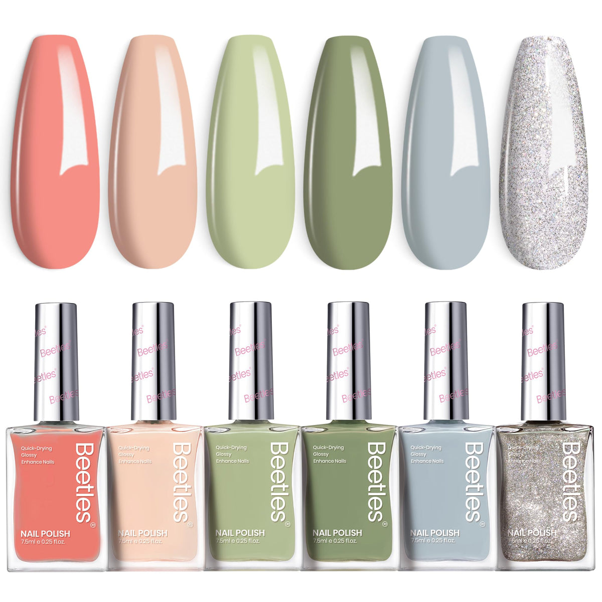 Beetles Nail Polish Set P176 bottle closeup shows glitter green for glamorous nails