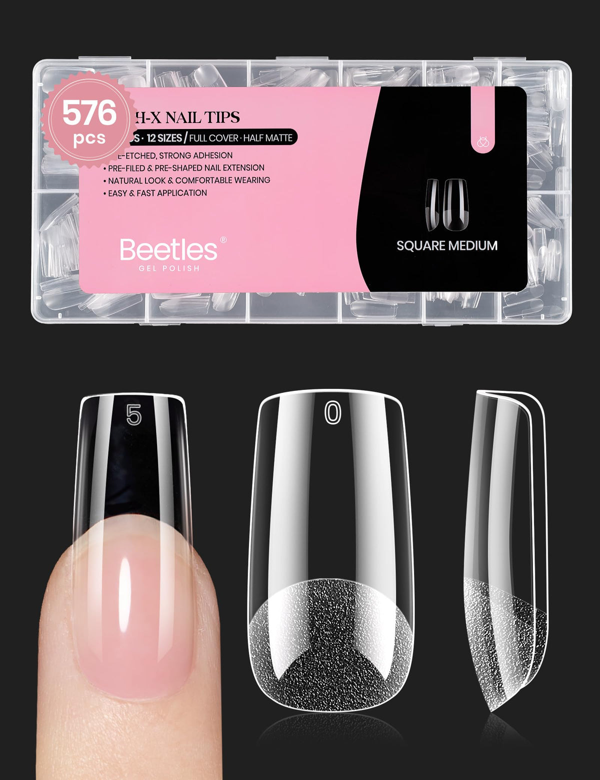 Beetles Nail Tips Medium Square 576Pcs pack for salon-quality at-home nails