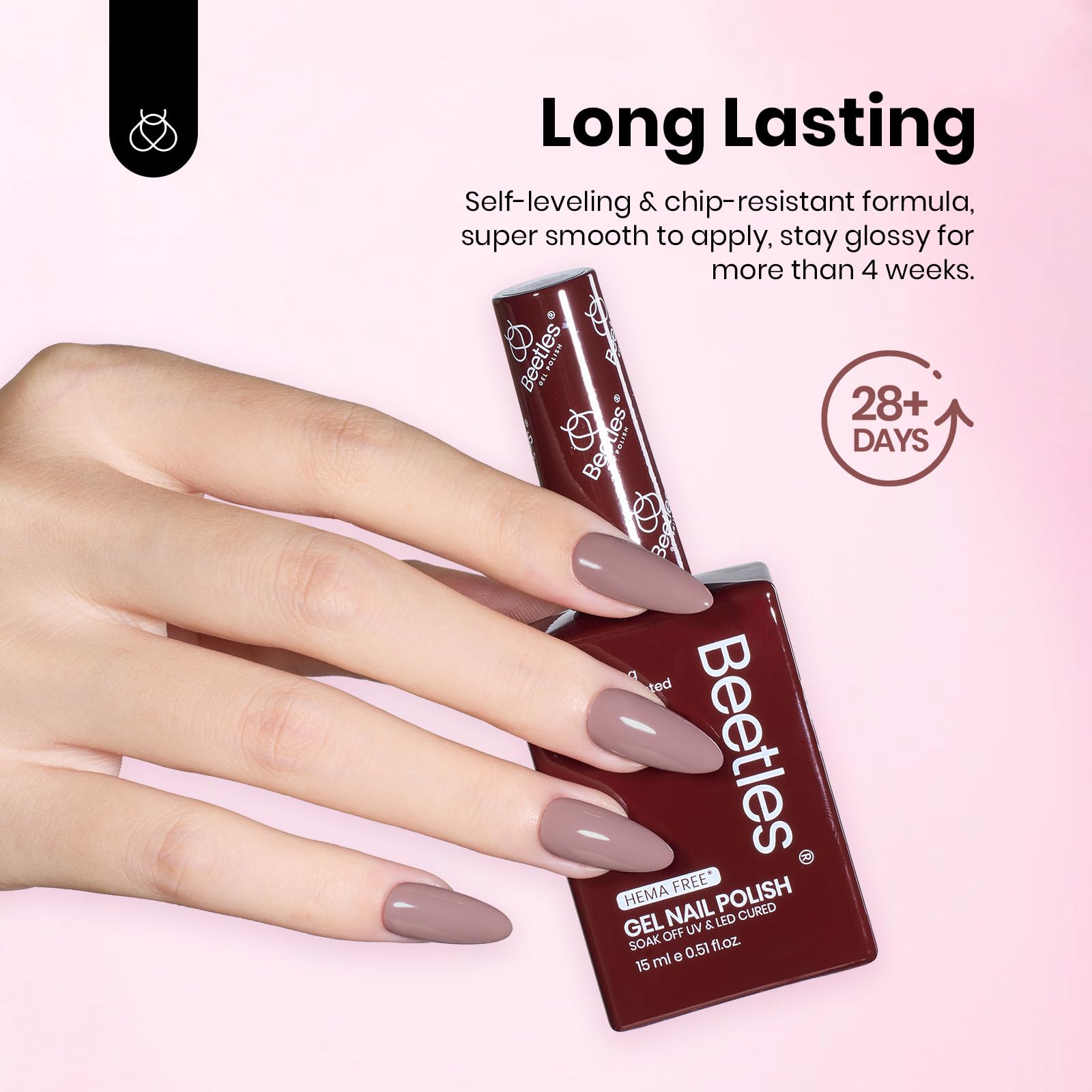 Beetles HEMA-free nude brown polish close-up, smooth application potential.