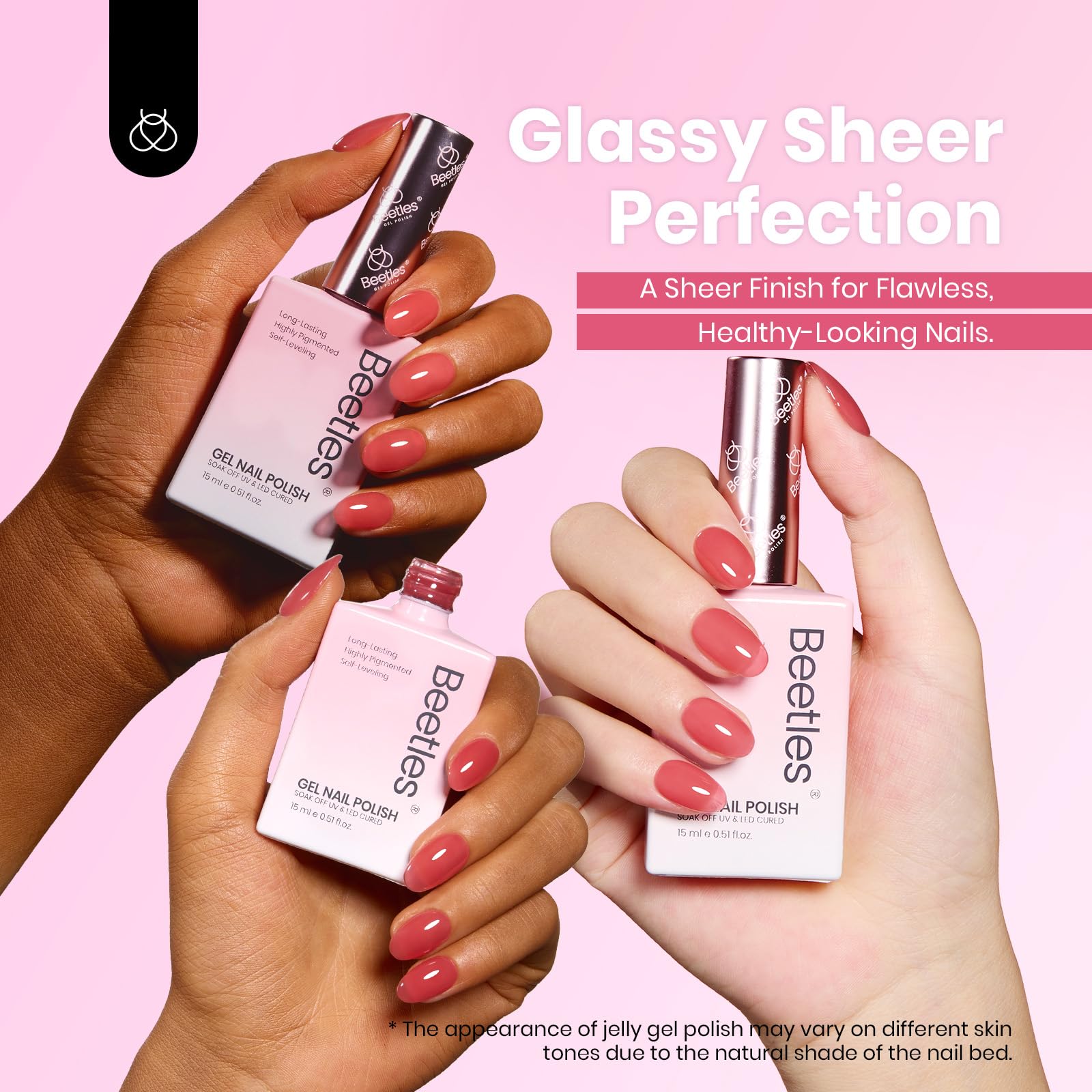 Beetles Nude Gel Nail Polish color range spans soft nude pink to milky white.