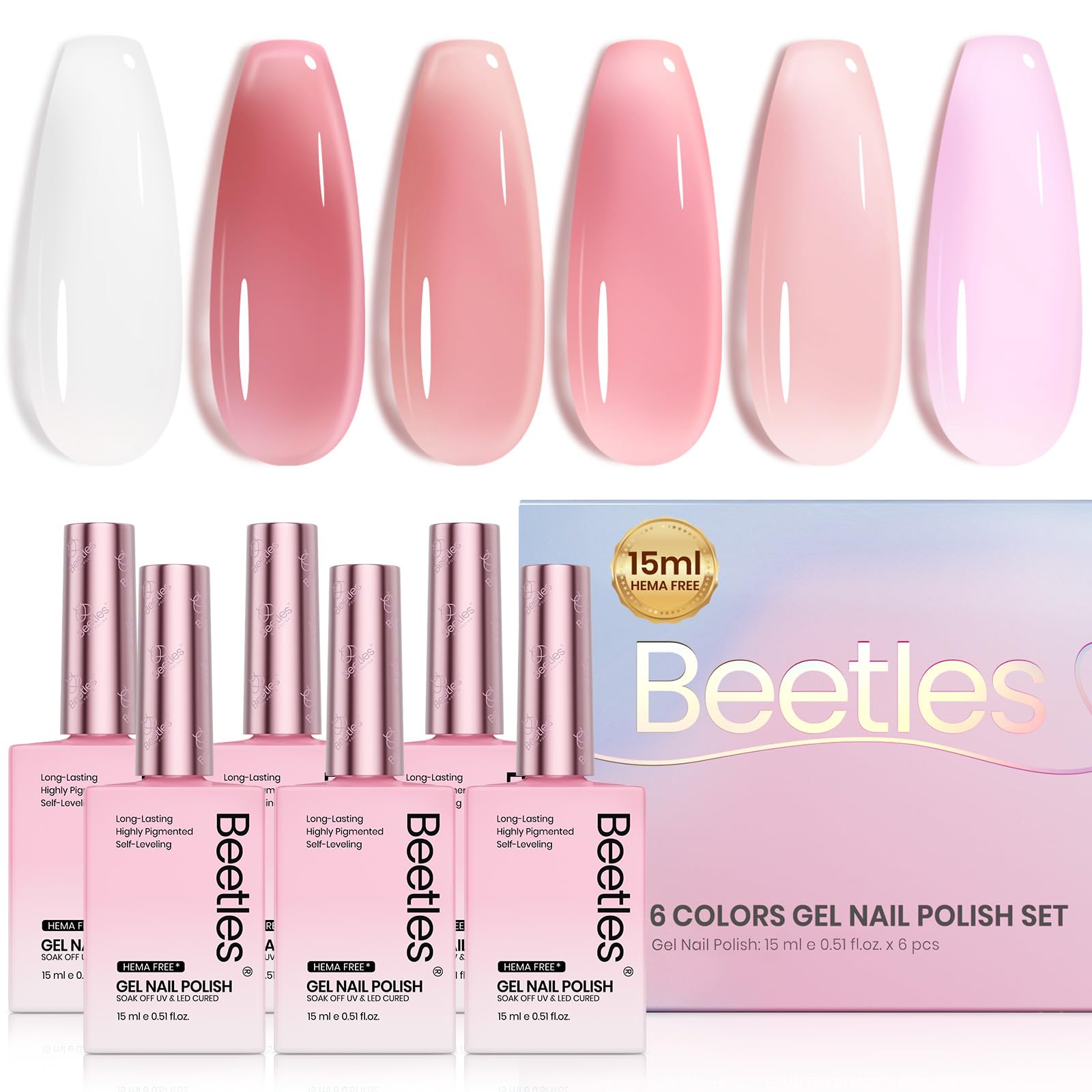 Beetles Nude Gel Nail Polish Set swatches show six versatile colors for easy planning.