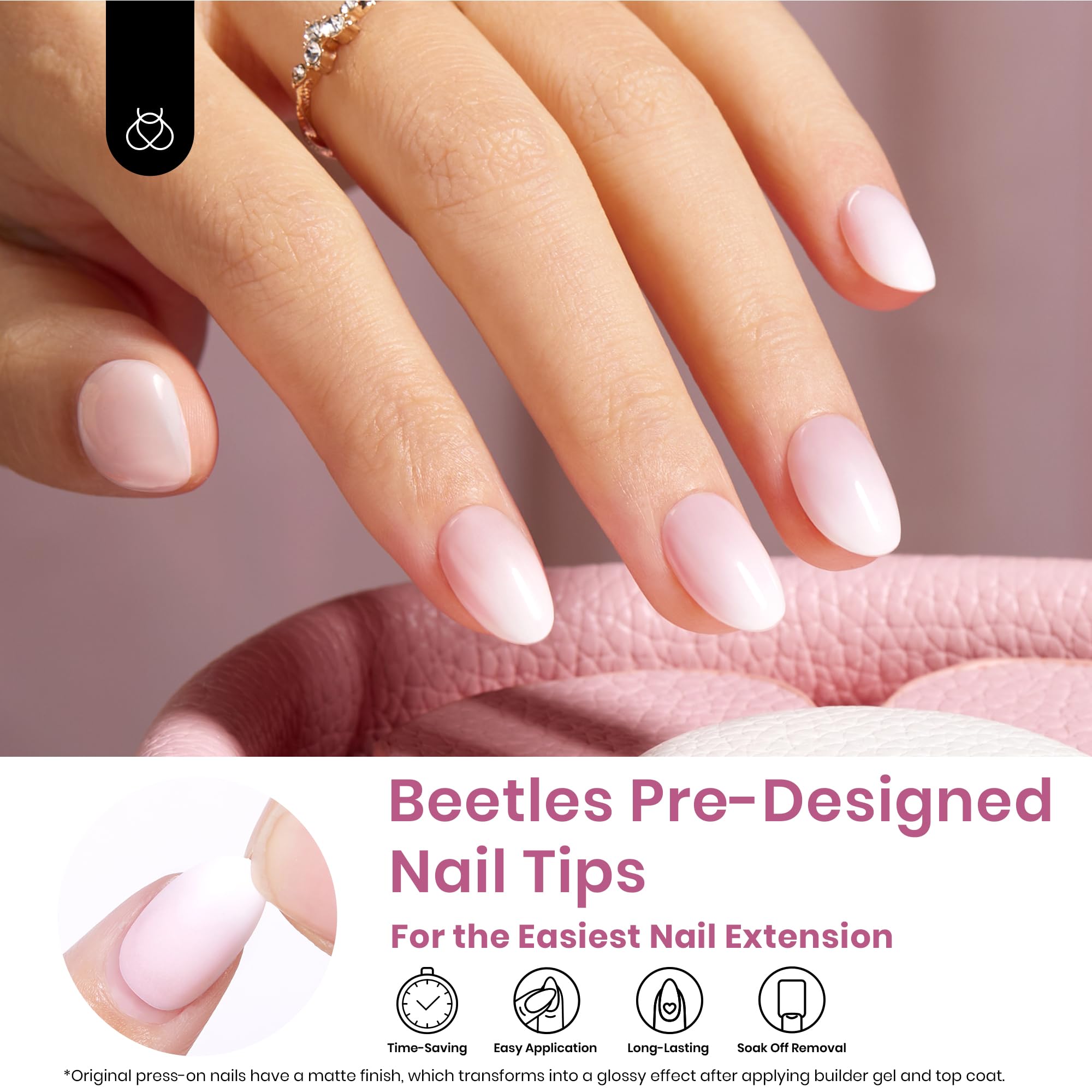Beetles ombre pink 4 in 1 press-on nails with primer for easy use