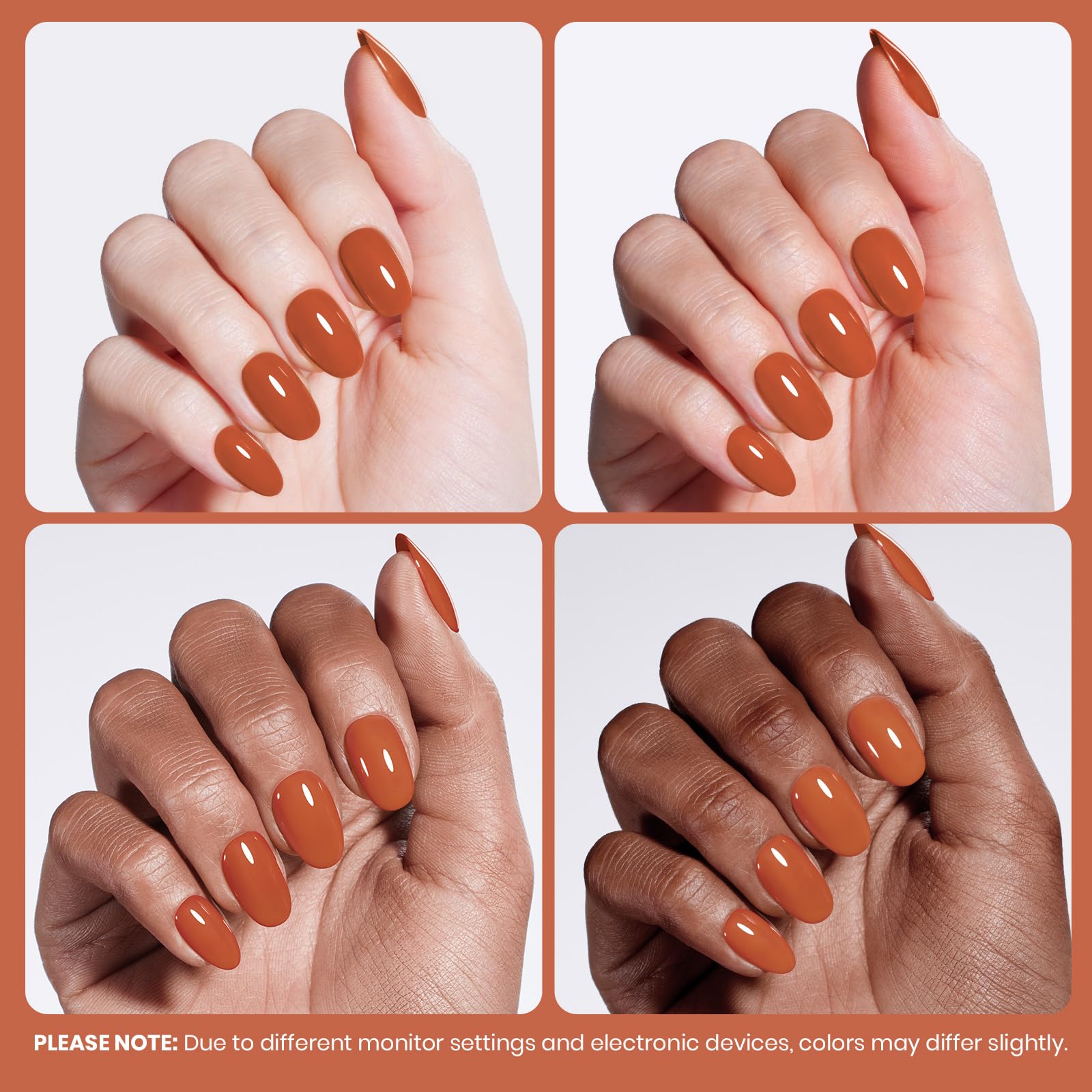 Beetles Orange gel polish on nails shows smooth self-leveling finish.