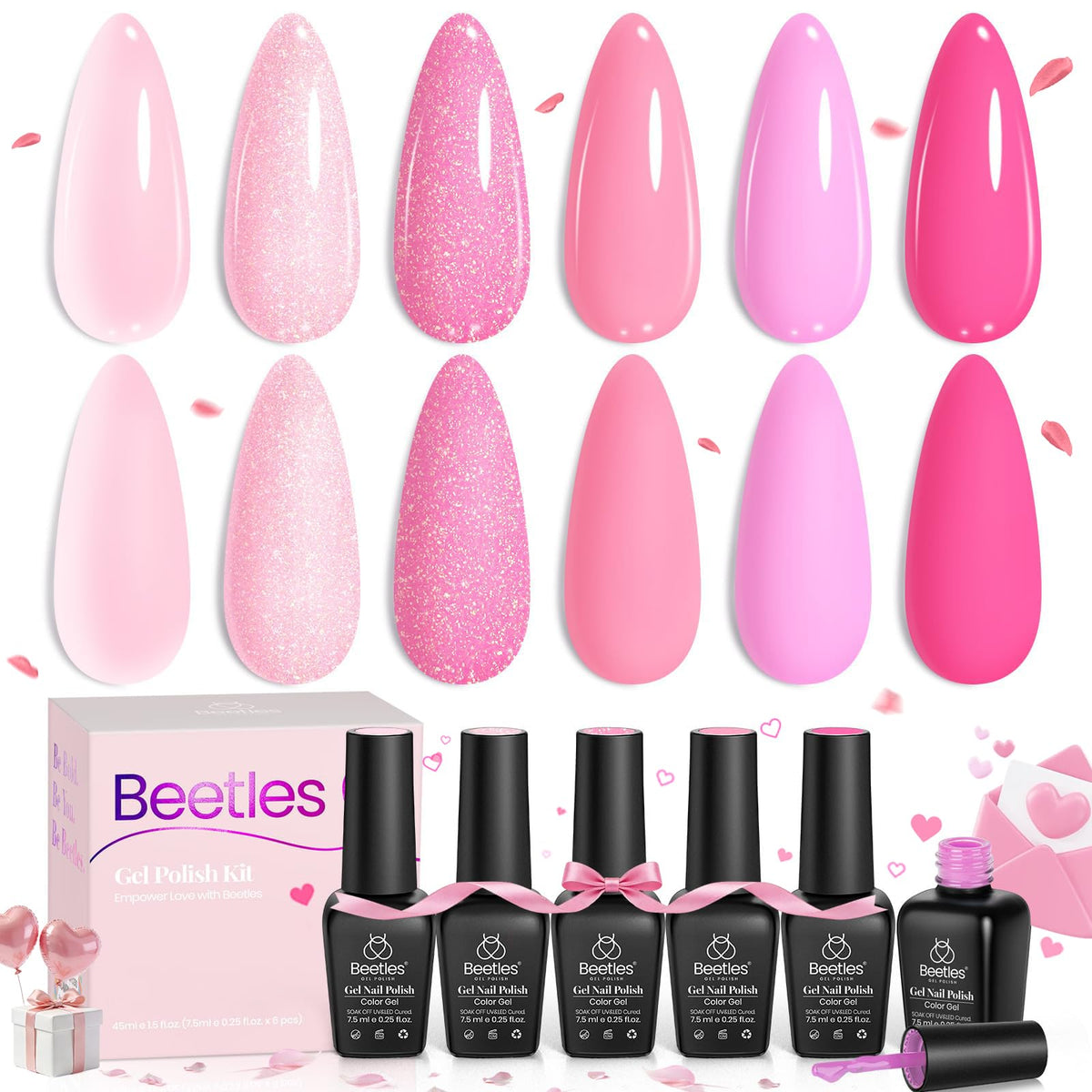 Beetles pink gel nail polish set offers six shades for vibrant at-home manicures.