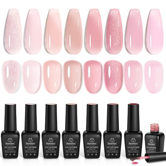 Beetles Pink Gel Nail Polish Set with eight nude pink jelly shades for buildable color