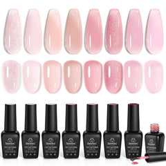 Beetles Pink Gel Nail Polish Set with eight nude pink jelly shades for buildable color