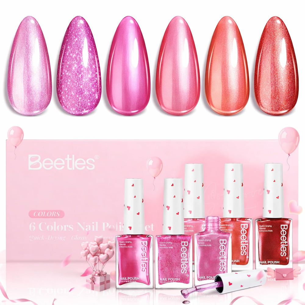 Beetles Pink Nail Polish Set Hearts Aflutter packshot with six romantic shades.