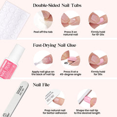 Beetles Press On Nails Kit all-in-one layout showing complete manicure toolkit