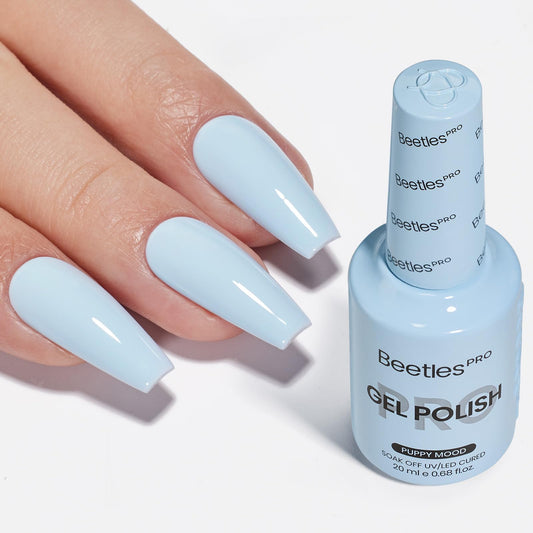 Beetles Pro Puppy Mood blue gel polish bottle close-up for smooth, single-stroke color