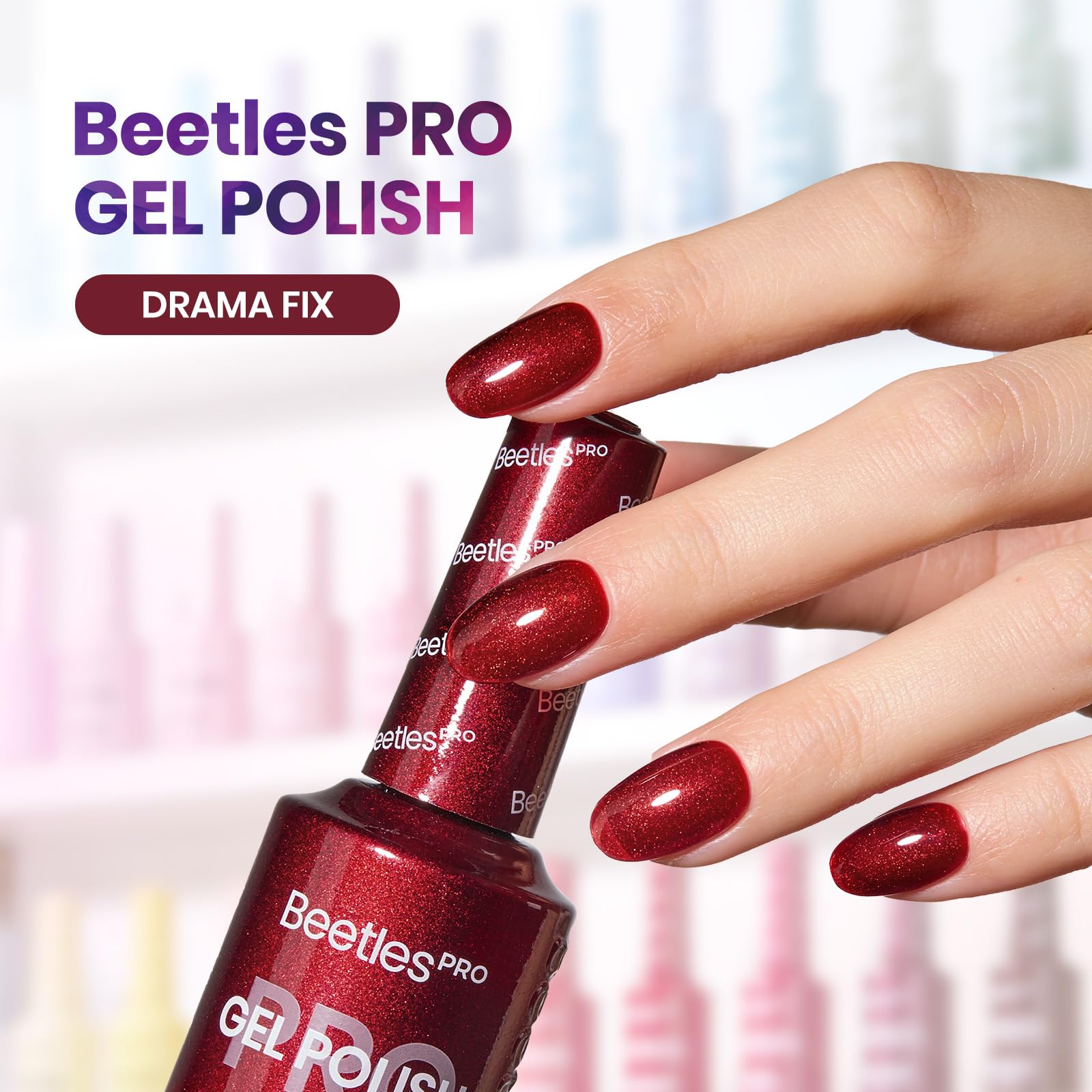 Beetles Pro Drama Fix swatch on nail reveals bold cherry red with glossy finish