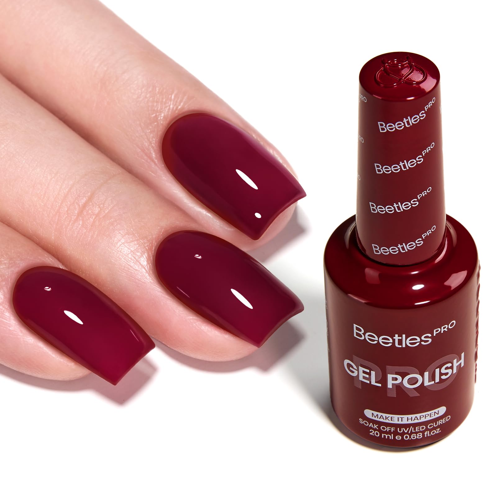 Beetles Pro Make It Happen bottle showing rich burgundy gel polish for premium color.