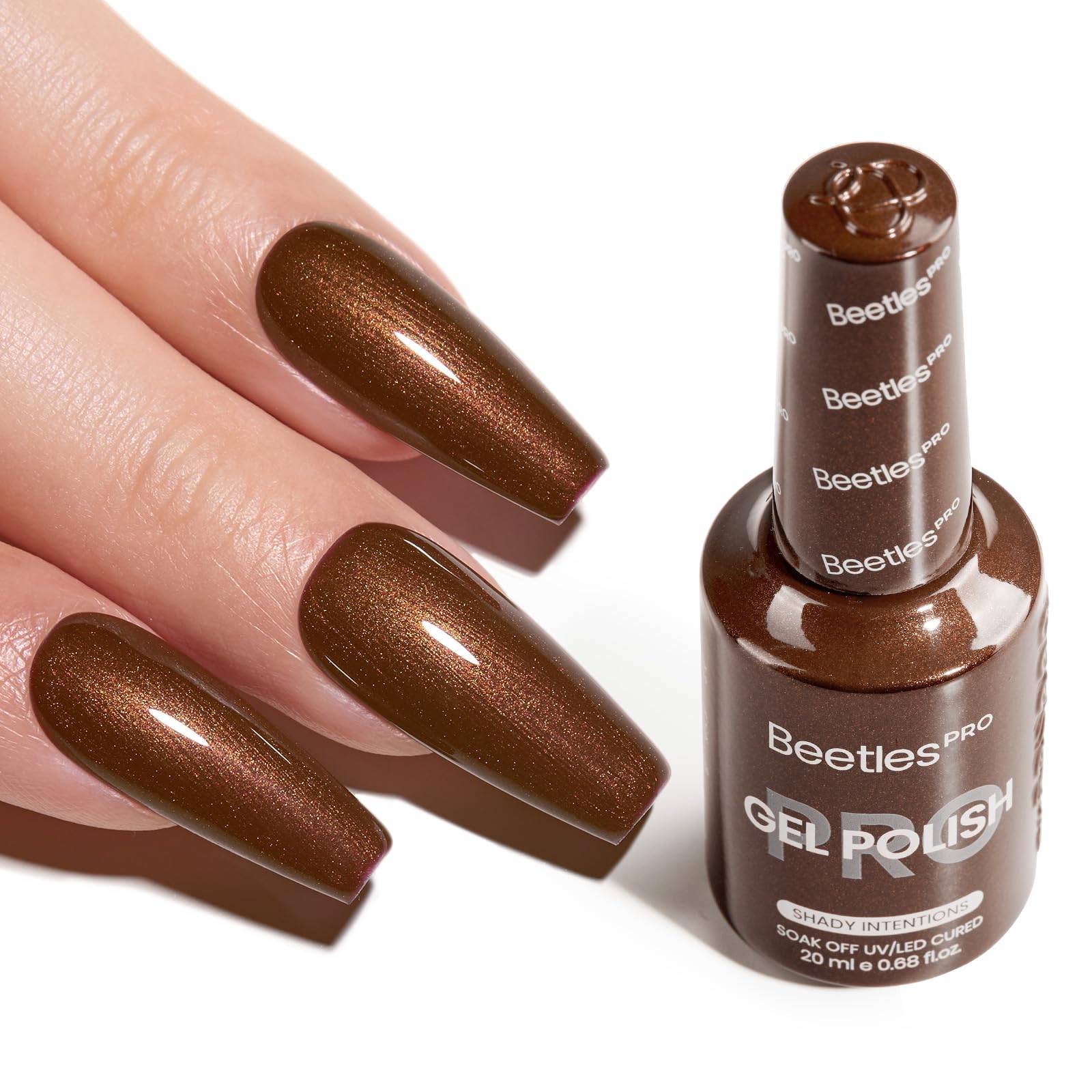 Beetles Pro Shady Intentions bottle shows dark brown shimmer for salon-quality nails.