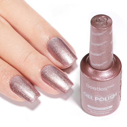 Beetles Pro Existential Pink bottle with rose shimmer for salon-quality shine